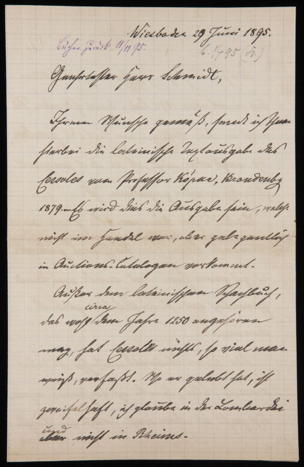 Carta: 29 de junio de 1895, Wiesbaden, Tassilo von Heydebrand und der Lasa a Reinhold Schmidt